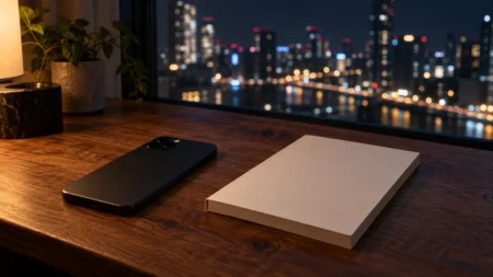 夜の窓辺の木製デスクに伏せて置かれたスマートフォンと無地の冊子、窓の外に街の夜景