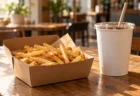 木のテーブルに並ぶ紙箱入りのフライドポテトと紙カップのドリンク