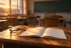 放課後の高校の教室の机に置かれた黒縁メガネと開いたノート