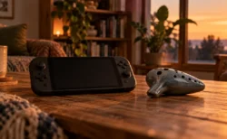 夕暮れの部屋のローテーブルに置かれた携帯型ゲーム機と陶器のオカリナ