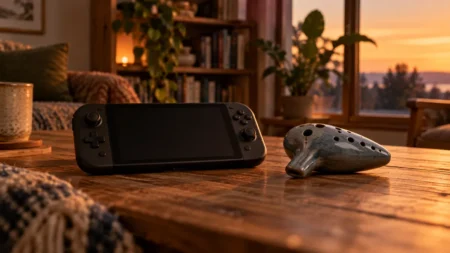 夕暮れの部屋のローテーブルに置かれた携帯型ゲーム機と陶器のオカリナ