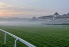 霧がかかった早朝の競馬場の芝コースと白い柵