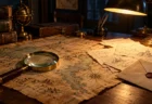 薄暗い部屋の机に置かれた虫眼鏡と古い地図、事件メモ