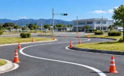 晴れた日の自動車教習所のS字カーブに並ぶパイロンと、奥の信号機と校舎