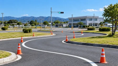 晴れた日の自動車教習所のS字カーブに並ぶパイロンと、奥の信号機と校舎