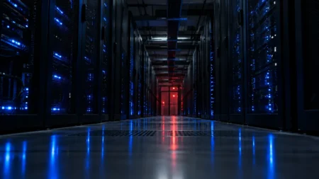 サーバーラックが並ぶデータセンターの通路