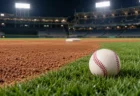 夜の照明に照らされた野球場の二塁ベース付近の内野と芝の上の硬式ボール