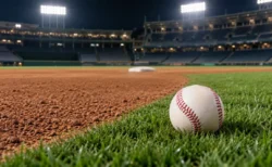 夜の照明に照らされた野球場の二塁ベース付近の内野と芝の上の硬式ボール
