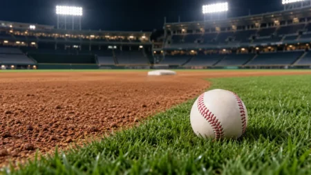 夜の照明に照らされた野球場の二塁ベース付近の内野と芝の上の硬式ボール