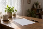 窓辺のカーテン越しにやわらかな光が差す静かな部屋と、机の上の便箋