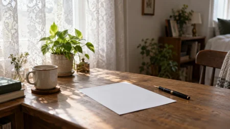 窓辺のカーテン越しにやわらかな光が差す静かな部屋と、机の上の便箋