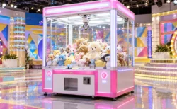 カラフルなテレビスタジオのセットに置かれた大きなクレーンゲーム機