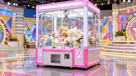 カラフルなテレビスタジオのセットに置かれた大きなクレーンゲーム機