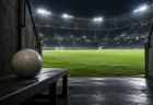 照明に照らされたピッチへ続く選手入場口とサッカーボール