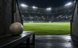 照明に照らされたピッチへ続く選手入場口とサッカーボール