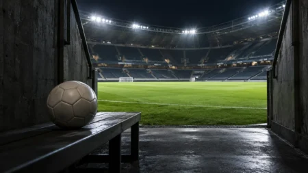 照明に照らされたピッチへ続く選手入場口とサッカーボール