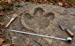 灰色の砂岩の地層面に残る大きな恐竜の足跡のくぼみと、そばに置かれた発掘用の刷毛と巻き尺