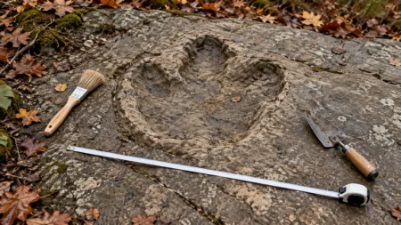 灰色の砂岩の地層面に残る大きな恐竜の足跡のくぼみと、そばに置かれた発掘用の刷毛と巻き尺