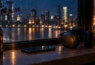 雨粒のついた夜の窓辺に置かれたスマートフォンとヘッドホン、窓の外ににじむ街の灯り