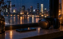 雨粒のついた夜の窓辺に置かれたスマートフォンとヘッドホン、窓の外ににじむ街の灯り