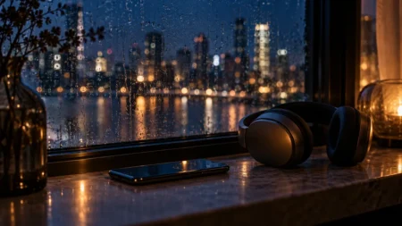 雨粒のついた夜の窓辺に置かれたスマートフォンとヘッドホン、窓の外ににじむ街の灯り