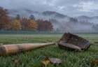 霧の残る晩秋の外野の芝に置かれた木製バットと外野手用グローブ、奥に紅葉した木々