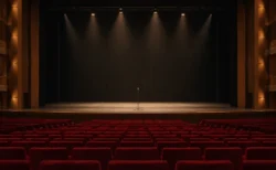 照明が落ちた無人のコンサートホールのステージと赤い客席