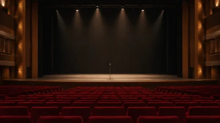 照明が落ちた無人のコンサートホールのステージと赤い客席