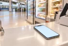 駅ナカのコンビニのレジカウンターに置かれたスマートフォン