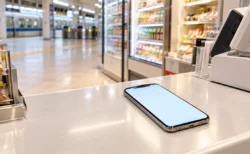 駅ナカのコンビニのレジカウンターに置かれたスマートフォン