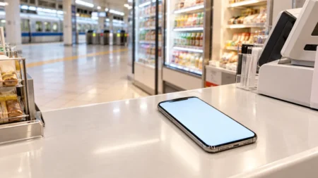駅ナカのコンビニのレジカウンターに置かれたスマートフォン