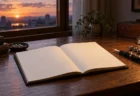 夕方の光が差し込む書斎の机に置かれた、開いたノートと万年筆、銀色のパチンコ玉