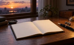 夕方の光が差し込む書斎の机に置かれた、開いたノートと万年筆、銀色のパチンコ玉