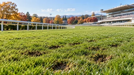 秋の競馬場の芝コースと白い内ラチ