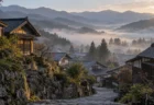 朝霧に包まれた日本の山あいの古い里の家並みと石段