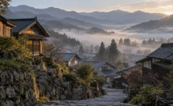 朝霧に包まれた日本の山あいの古い里の家並みと石段