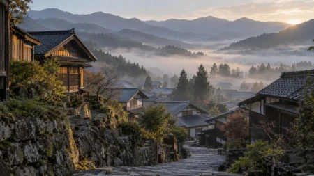 朝霧に包まれた日本の山あいの古い里の家並みと石段
