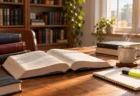 朝の書斎の机に開いた分厚い法令集とテキスト、蛍光ペンとコーヒーカップ