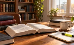朝の書斎の机に開いた分厚い法令集とテキスト、蛍光ペンとコーヒーカップ