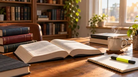 朝の書斎の机に開いた分厚い法令集とテキスト、蛍光ペンとコーヒーカップ