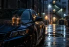 雨上がりの夜の路地に止まった覆面パトカー風の車と、ボンネットに置かれた2つの紙コップのコーヒー