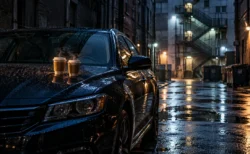 雨上がりの夜の路地に止まった覆面パトカー風の車と、ボンネットに置かれた2つの紙コップのコーヒー