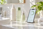 朝の洗面台に並ぶ白いスキンケアボトルと、肌の状態を表示したスマートフォン