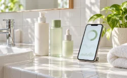 朝の洗面台に並ぶ白いスキンケアボトルと、肌の状態を表示したスマートフォン