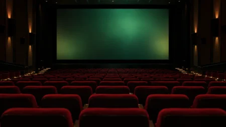 暗転直前の映画館の大スクリーンと、後方席から見た空席の赤いシート