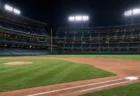 ナイター照明に照らされた無人のメジャーリーグの球場