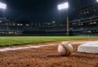 ナイター照明に照らされた無人の野球場で、一塁ベース付近に置かれた硬式野球ボール