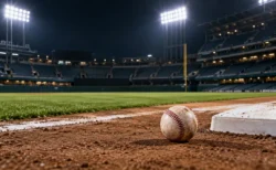 ナイター照明に照らされた無人の野球場で、一塁ベース付近に置かれた硬式野球ボール