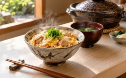 料亭の白木のカウンターに置かれた湯気の立つ丼と木の箸、奥に土鍋と吸い物の椀