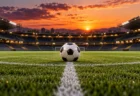夕方のスタジアムのセンターサークルに置かれたサッカーボール